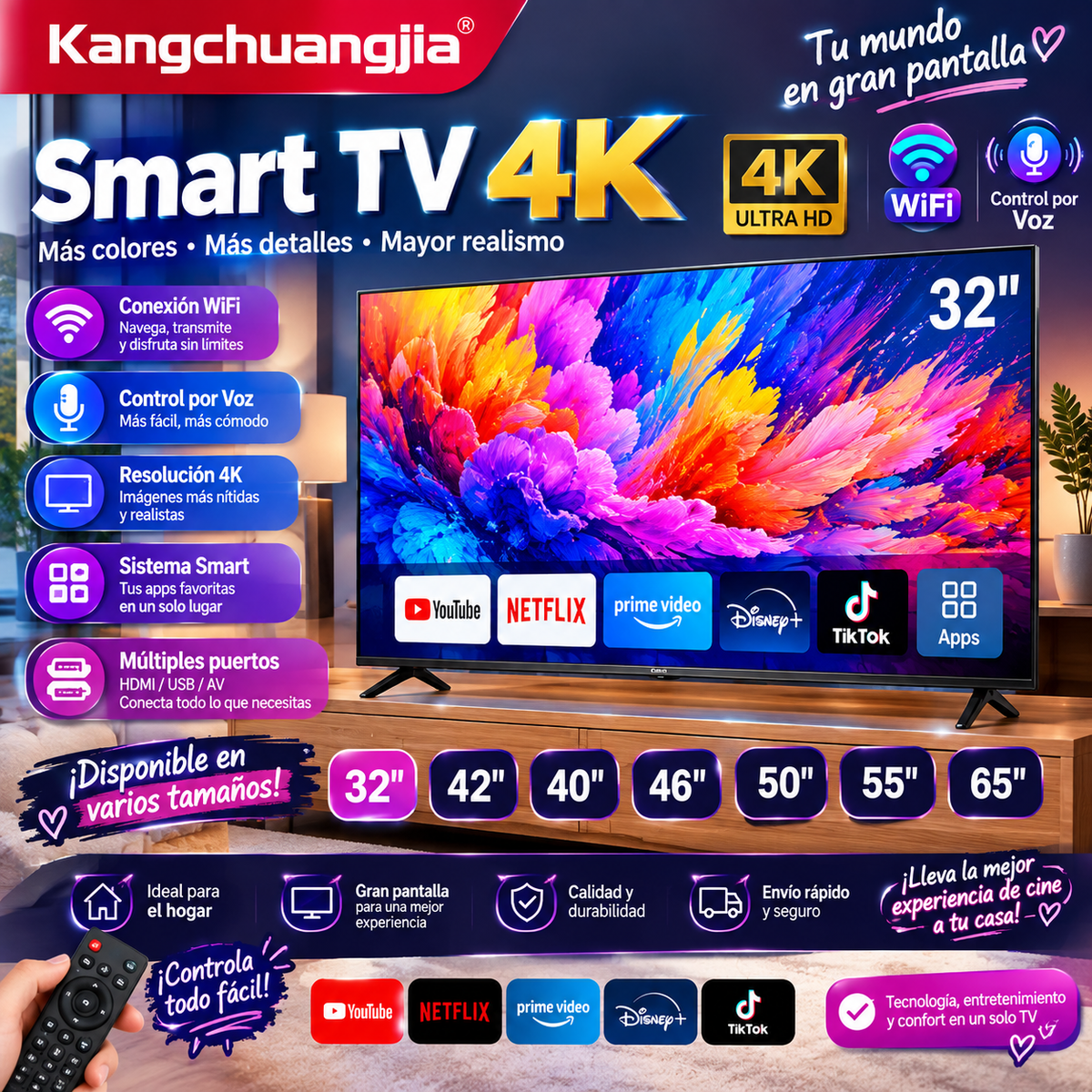 Kangchuangjia 32 pulgadas Red Wifi Voz 42 40 46 50 55 Uso doméstico 65 TV Pantalla grande 4K Smart TV