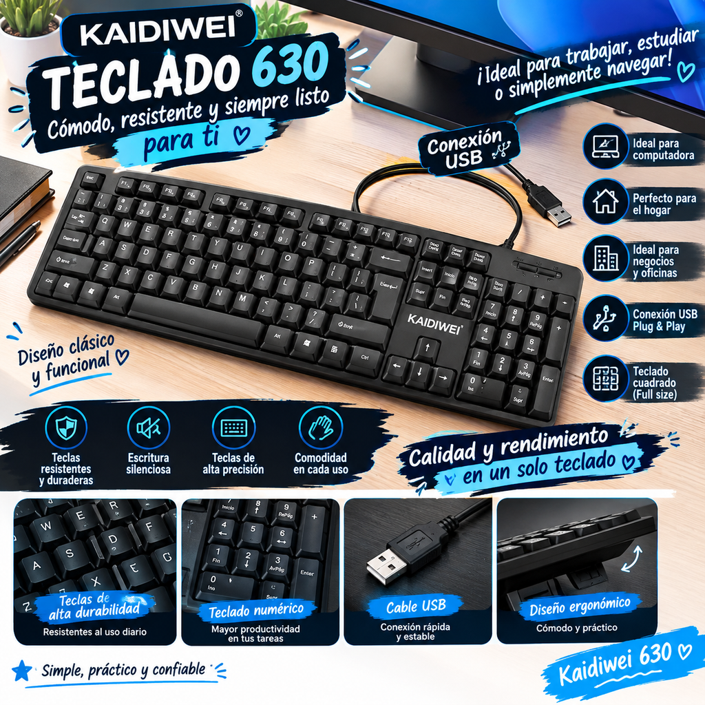 Teclado Kaidiwei 630 con cable, venta al por mayor, para ordenador, hogar, negocio, oficina, USB, cuadrado, con interfaz USB.