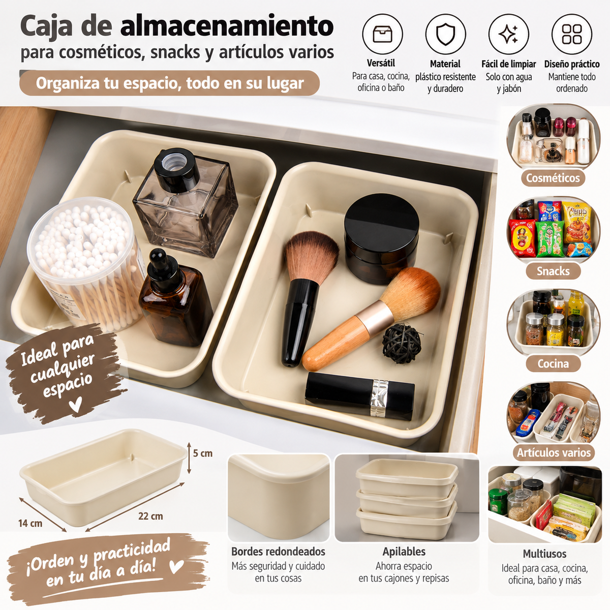 Caja de almacenamiento de escritorio para cosméticos, snacks y artículos varios. Cesta de almacenamiento para cocina. Caja de acabado para cajones domésticos. Compartimento de plástico.