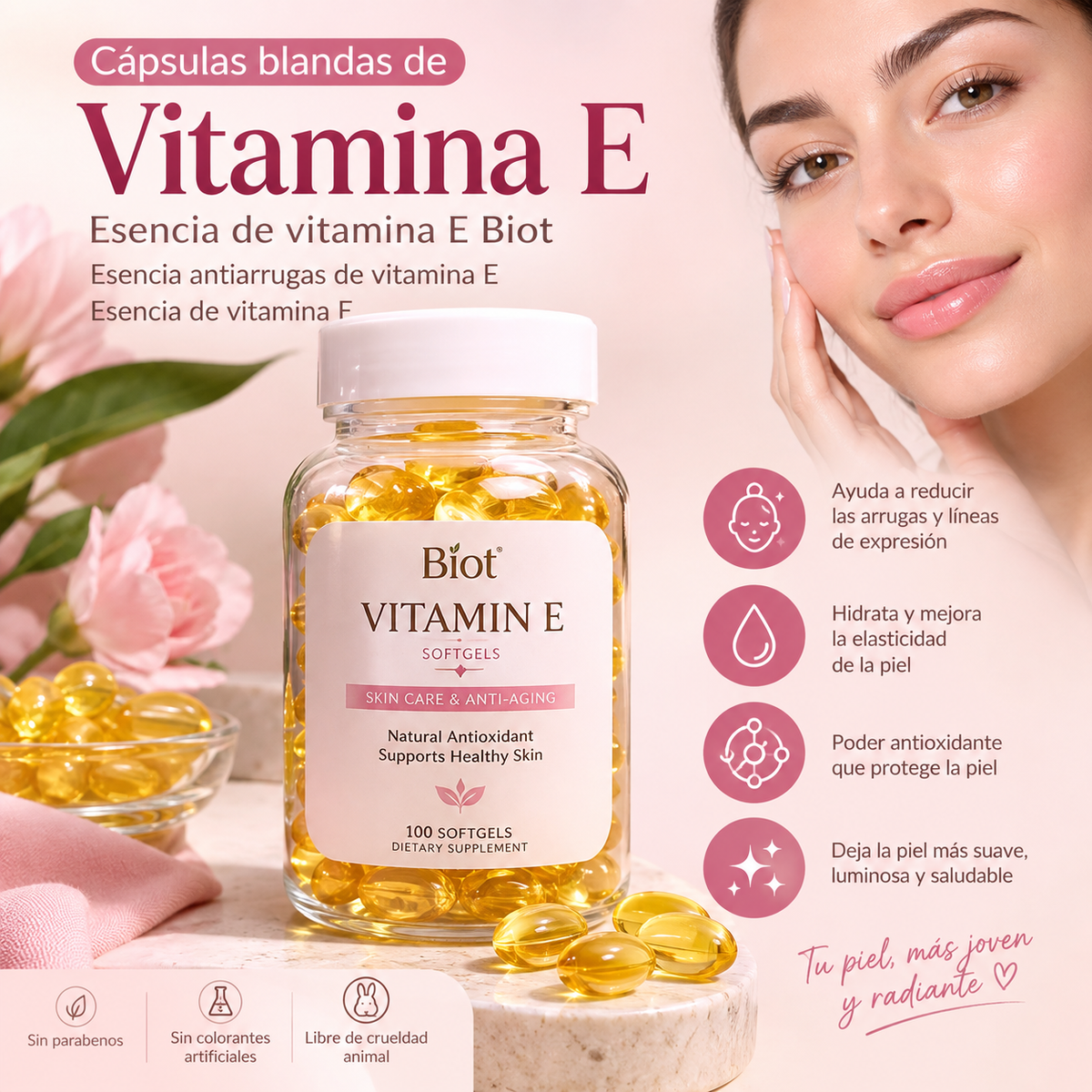 ✨ Biot Vitamina E™ – Esencia Facial Nutritiva en Cápsulas Blandas