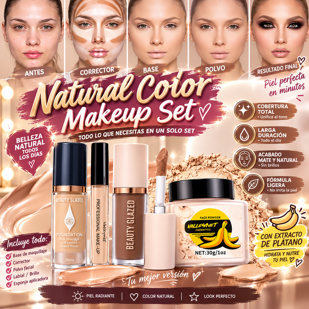 Set de Maquillaje Facial 4 en 1 | Base, Corrector, Contorno y Polvo Fijador