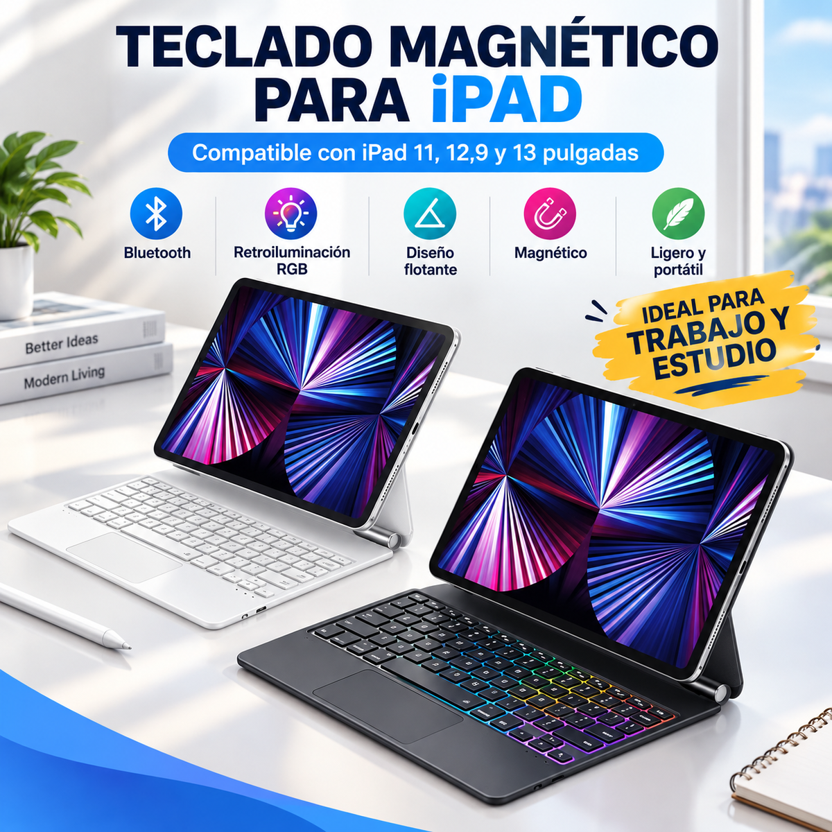 Compatible con iPad Magic Keyboard Pro de 11/12,9/13 pulgadas. Teclado Bluetooth magnético flotante para tablet con retroiluminación de colores.