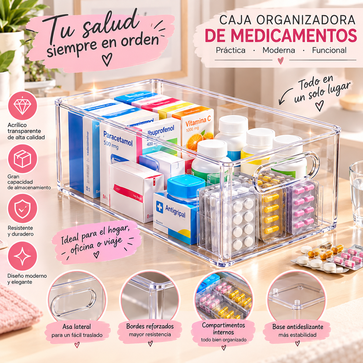 💊 ClearMed™ – Organizador de Medicamentos de Acrílico Transparente