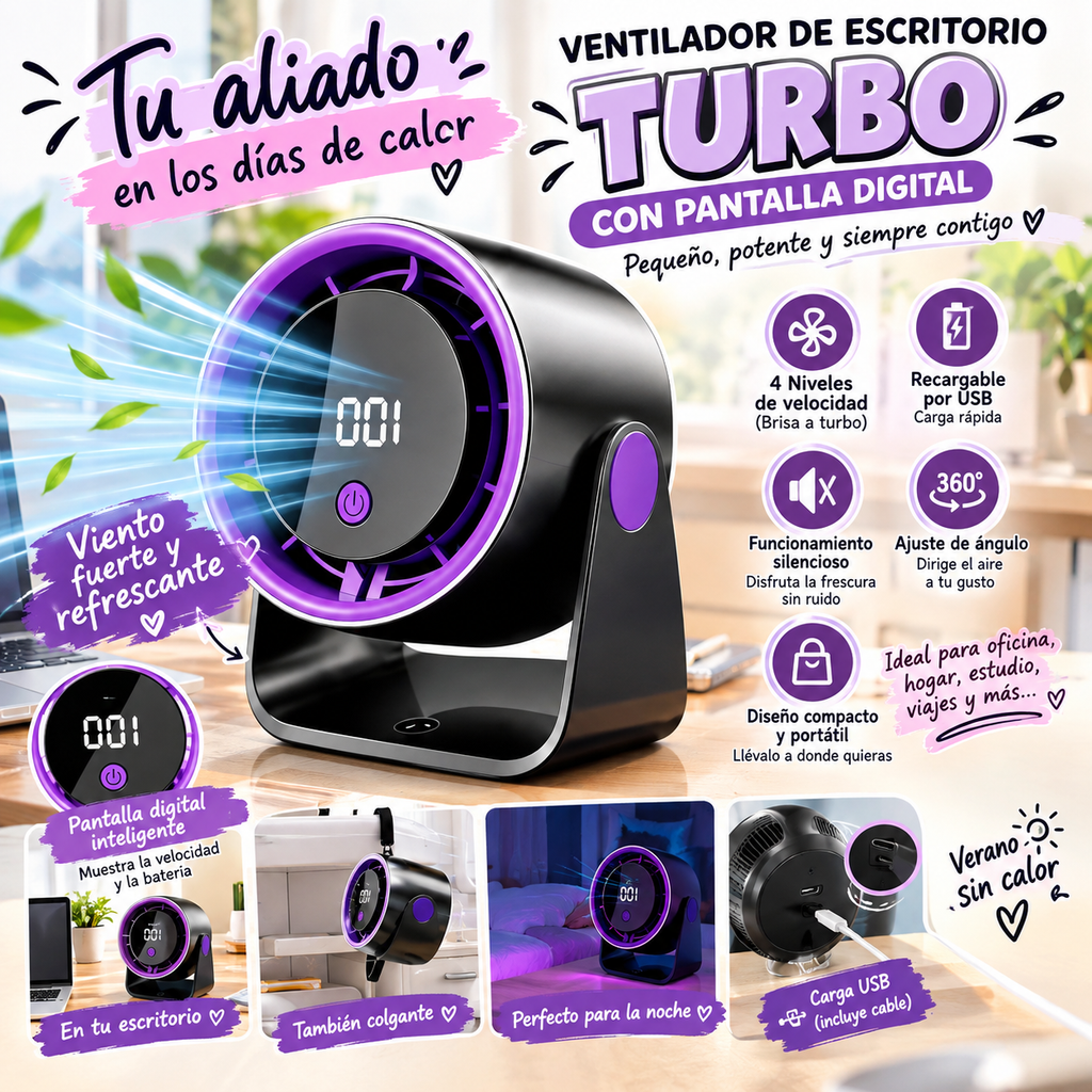 Ventilador de escritorio turbo con pantalla digital, ventilador colgante recargable de alta velocidad para uso en oficina y hogar, ventilador de verano, ventilador pequeño, transfronterizo