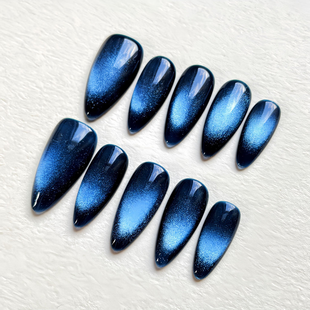 Uñas Postizas Ojo de Gato Azul Glitter – Set 10 piezas
