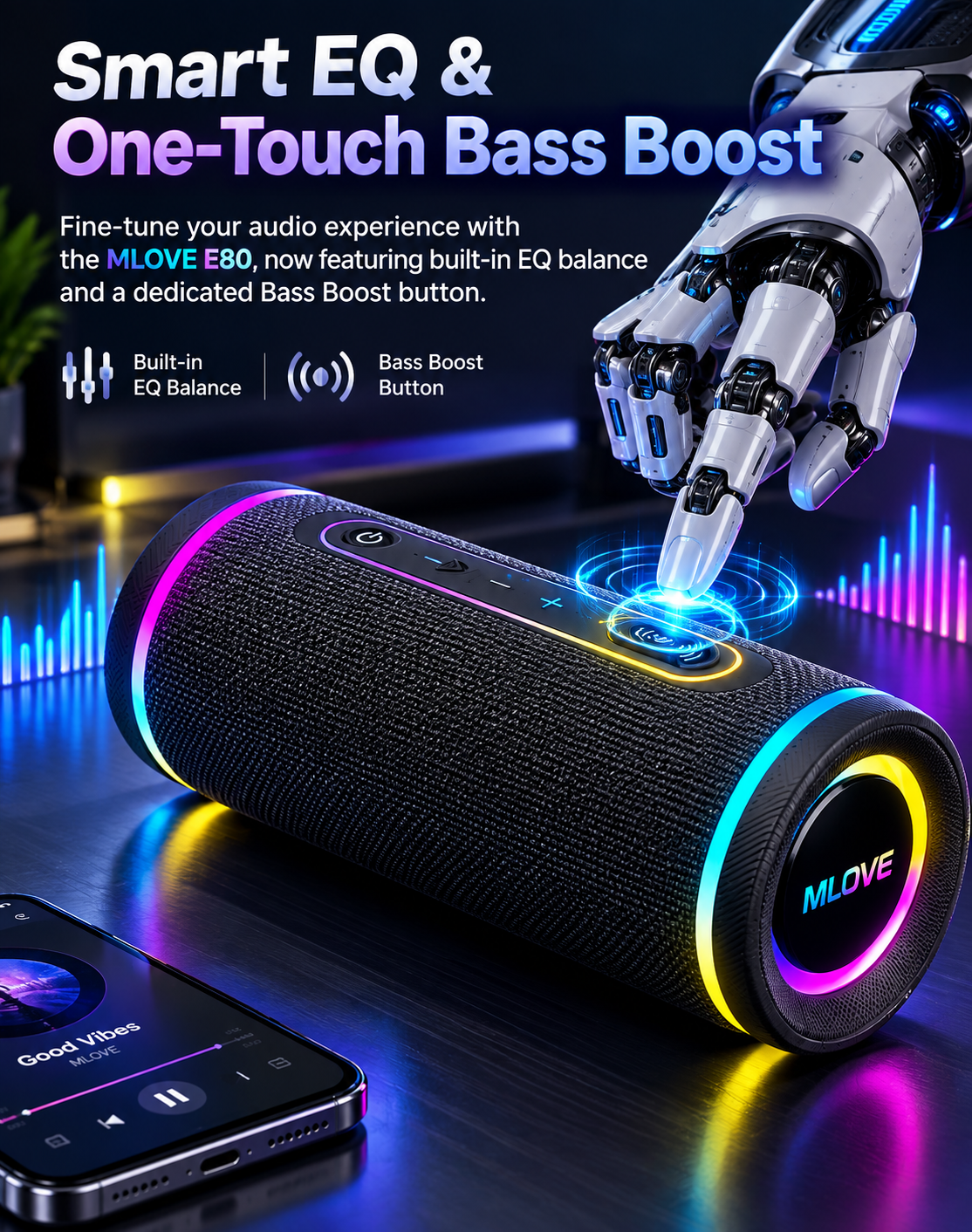 Altavoz Bluetooth Portátil E80 | Sonido Potente, Luces RGB, IPX7 y TWS