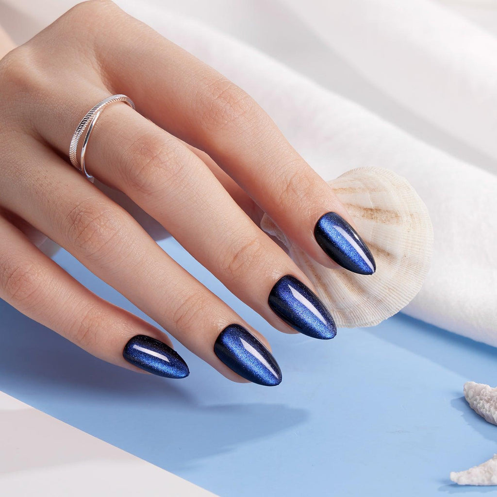 Uñas Postizas Ojo de Gato Azul Glitter – Set 10 piezas