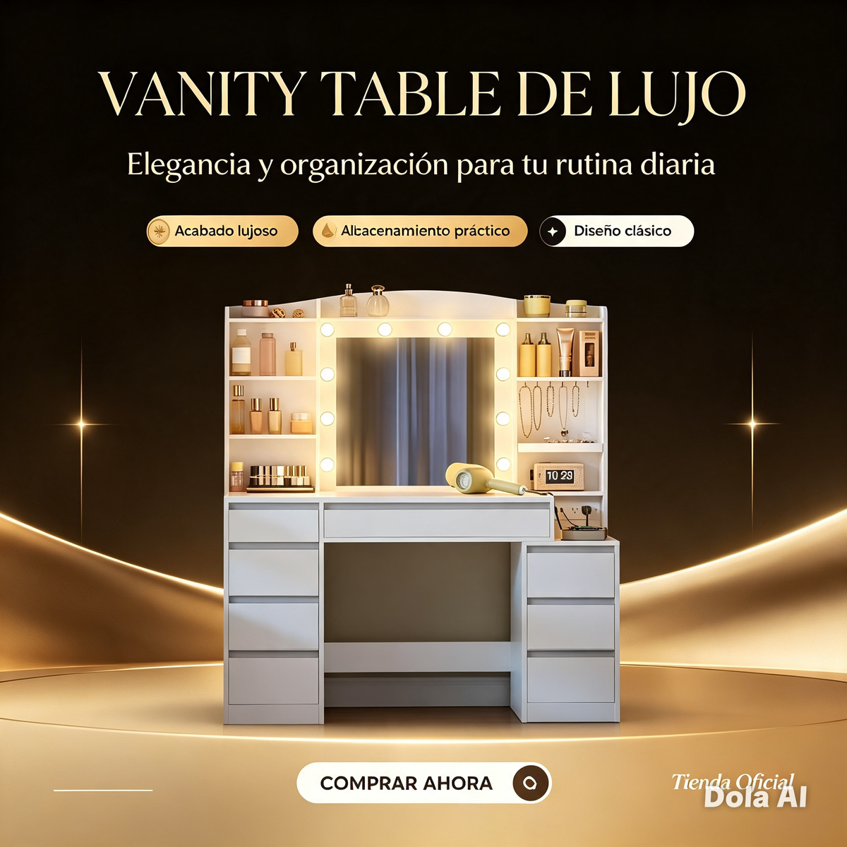 Tocador Blanco con Espejo LED 120cm – 8 Cajones, 8 Estantes, Regleta, Organización para Dormitorio