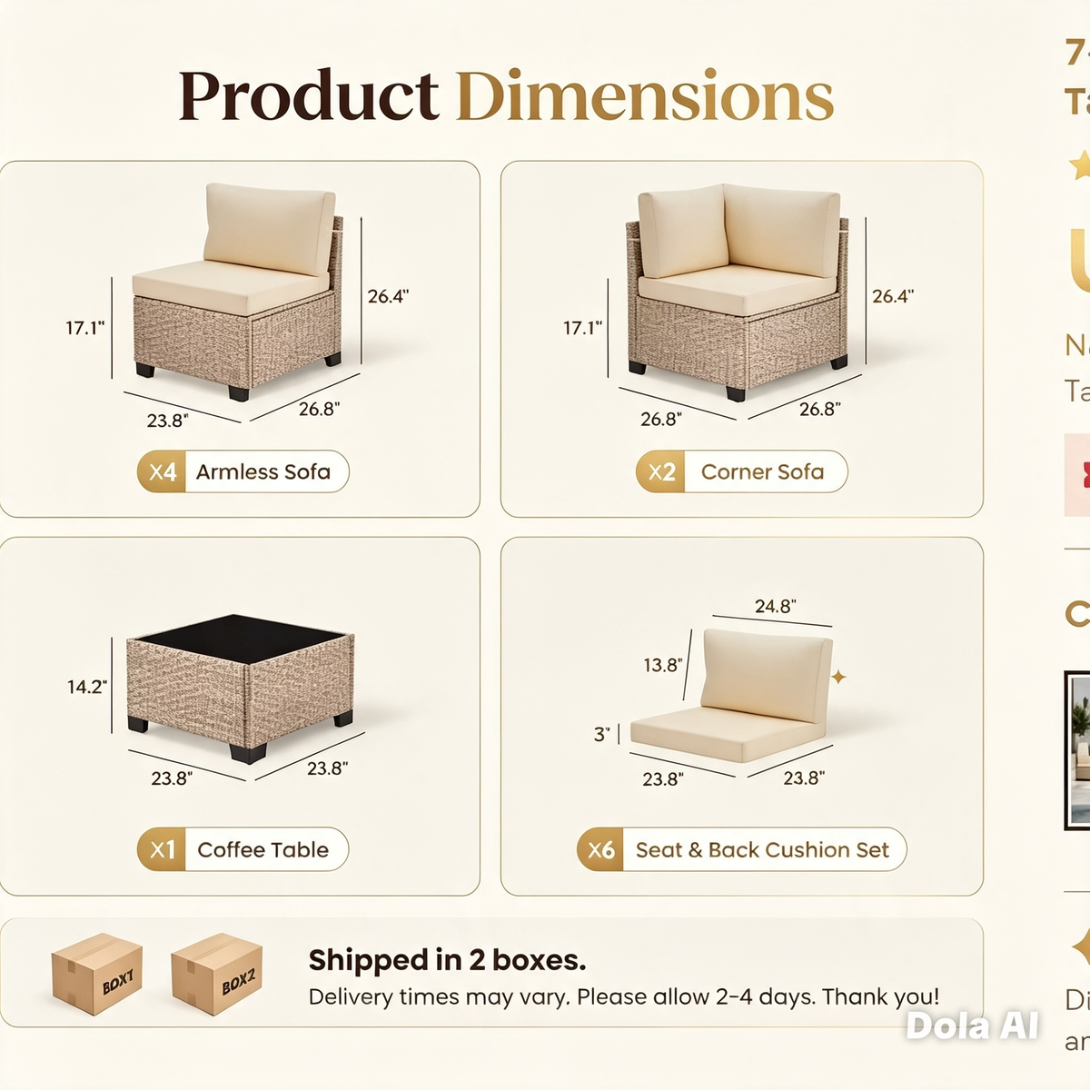 Set Muebles de Jardín 7 Piezas Ratán – Sofá Seccional, Mesa Vidrio Templado, Todo Clima, Terraza y Patio