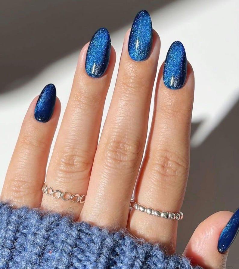 Uñas Postizas Ojo de Gato Azul Glitter – Set 10 piezas
