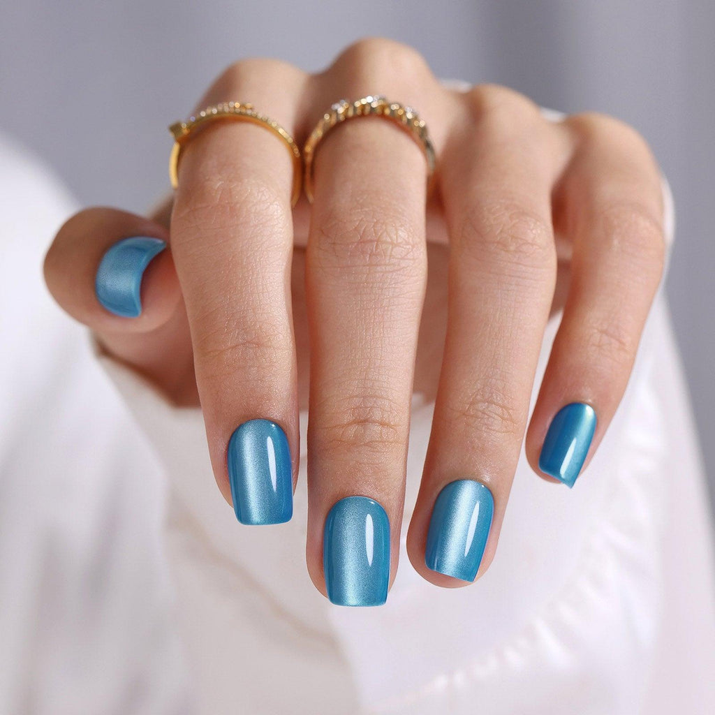 Uñas Postizas Ojo de Gato Azul Glitter – Set 10 piezas