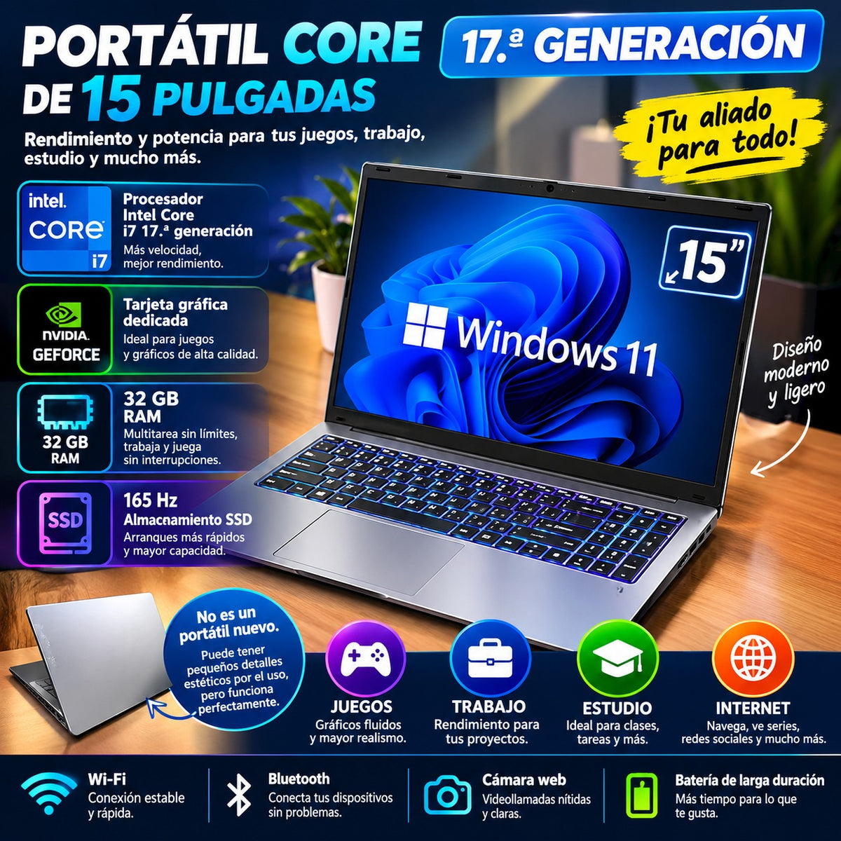 Portátil Core de 17.ª generación de 15 pulgadas con tarjeta gráfica dedicada para juegos, trabajo de oficina, estudio y uso de Internet. No es un portátil nuevo.