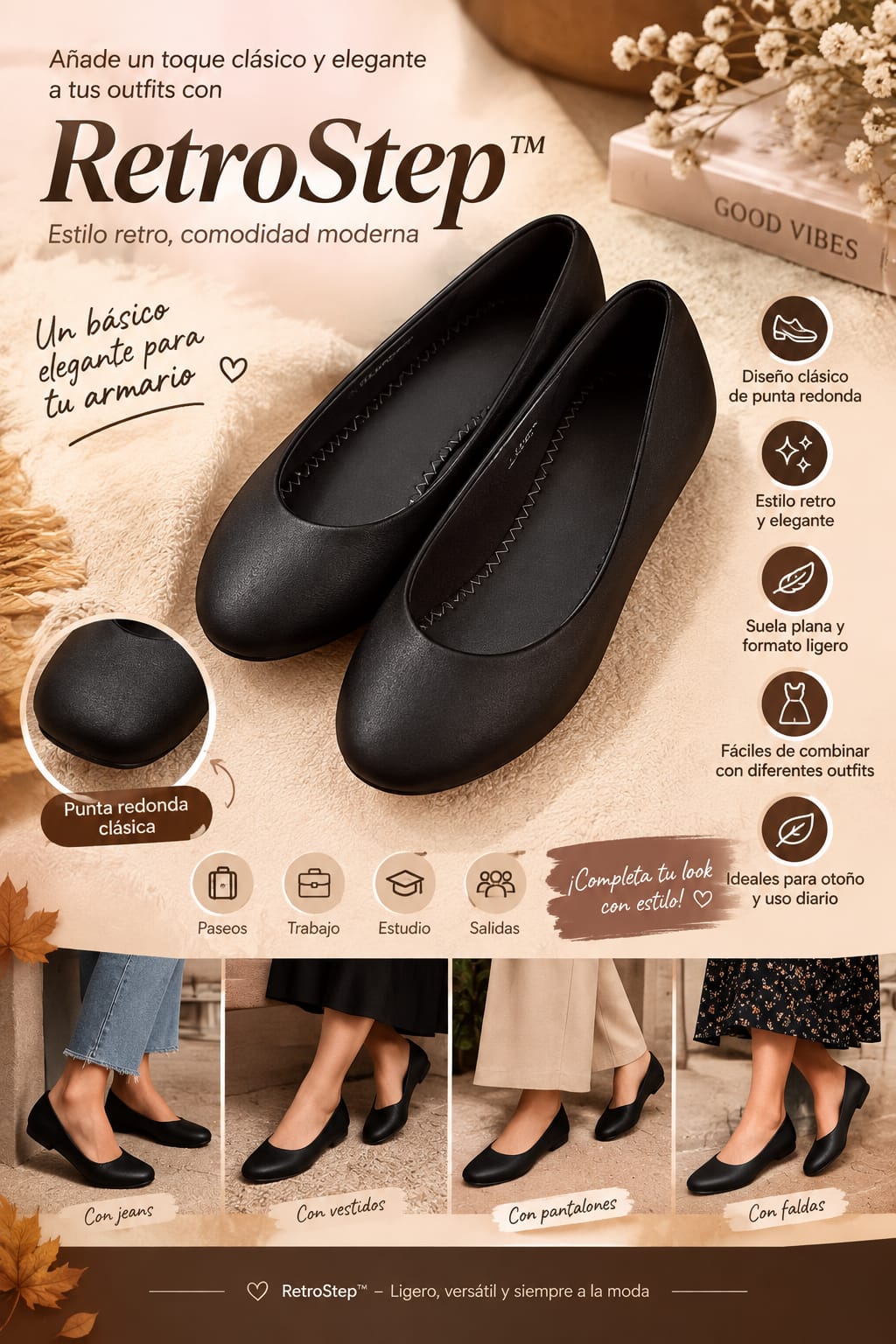 Zapatos Planos Mujer Punta Redonda Retro – Ligeros, Estilo Clásico, Otoño, Uso Diario