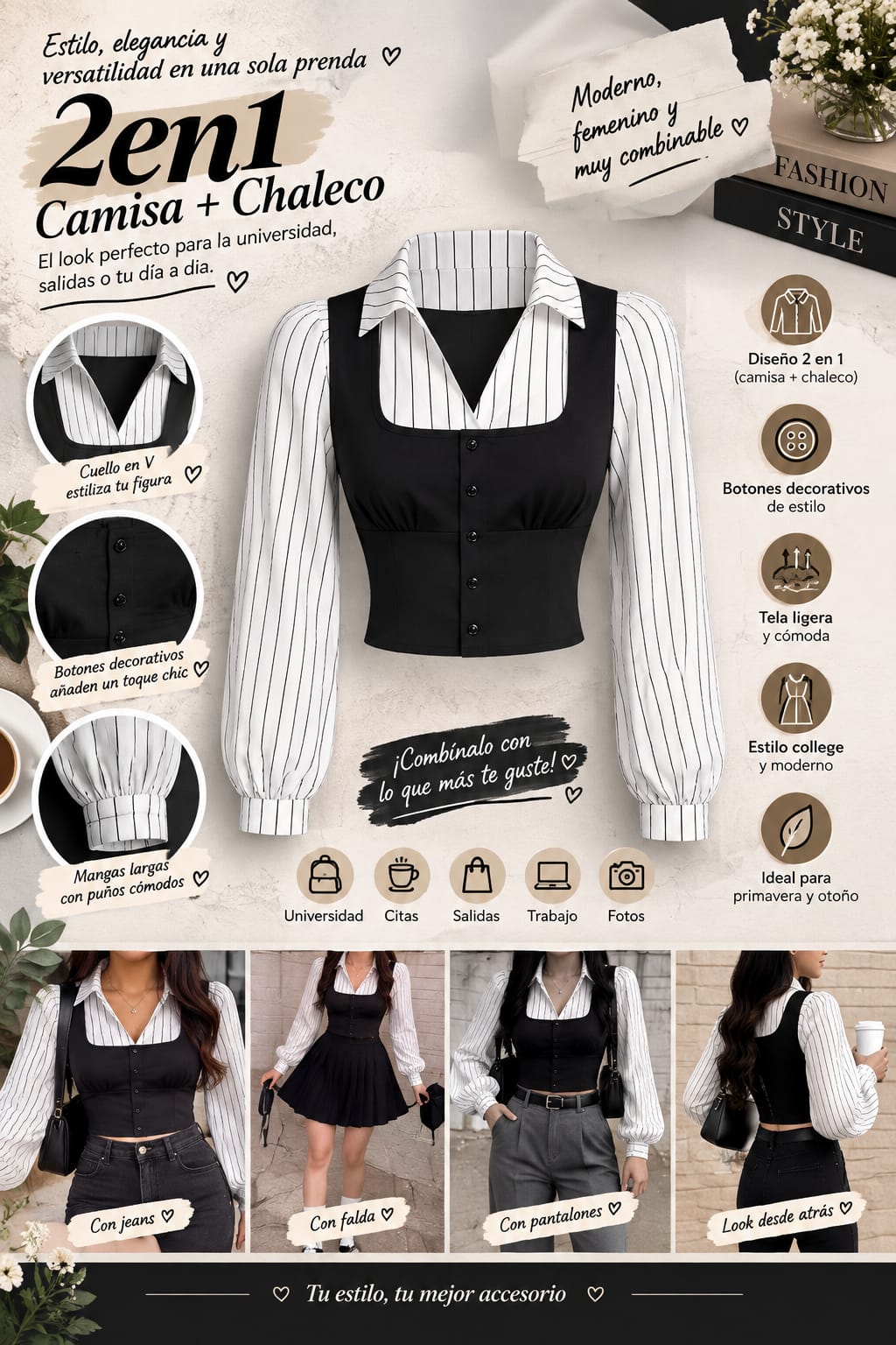 Camisa Rayas Blanco y Negro Mujer – Estilo College, Cuello V, Manga Larga, Cropped, Primavera y Otoño