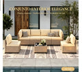 Set Muebles de Jardín 7 Piezas Ratán – Sofá Seccional, Mesa Vidrio Templado, Todo Clima, Terraza y Patio