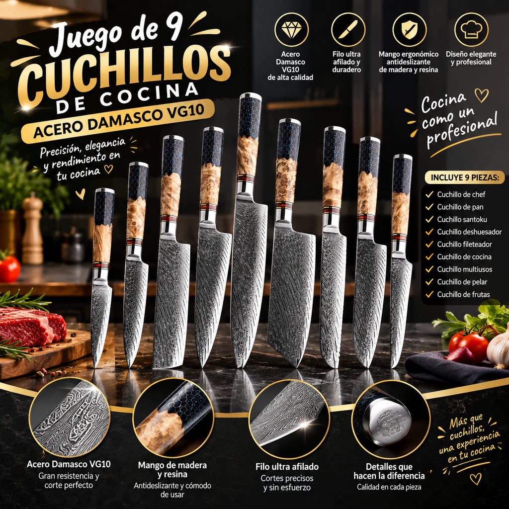 MasterChef Damascus VG10™ – Set Premium de 9 Cuchillos de Cocina en Acero Damasco