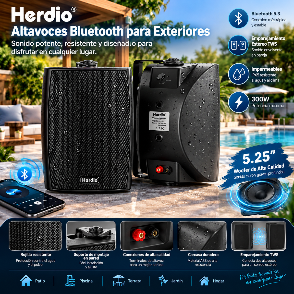 Altavoces Bluetooth Herdio 5.25" | 300W, Bluetooth 5.3, TWS e Impermeables